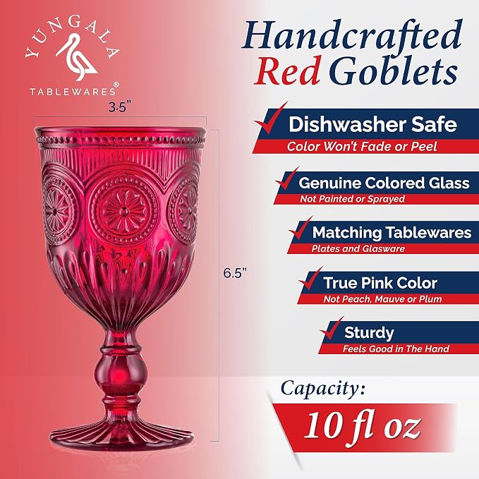 Red Goblets, Set of 6 Hand Crafted Red Colored Wine Glasses for lovers of red glassware, perfect for Valentines Day or Christmas Wine Glasses