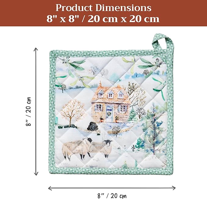 Maison d' Hermine Pot Holders 100% Cotton Heat Resistant Potholders 8" x 8" Hot Pads with Loop for Thanksgiving Christmas Decorations BBQ Cooking Baking Handling Hot Pans (Pack of 1, Snowy World)