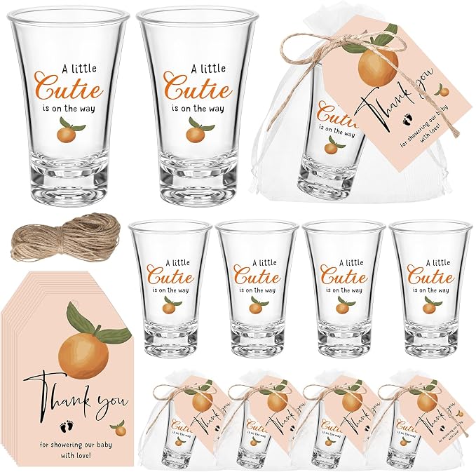 Pickmesh 25 Sets Little Cutie Baby Shower Shot Glasses for Guests Include Little Cutie Is on The Way Acrylic Shot Glasses Oranges Cards Bags for Gender Reveal Orange Theme Tangerine Party Supplies