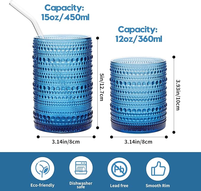 HomeVogue Hobnail Drinking Glasses Set of 12, 12oz & 15oz Vintage Glassware Set Cocktail Glass Set, Embossed Blue Water Tumbler,for Beer, Whiskey,Juice and Various Mixed Drinks (12 Pack-Blue)