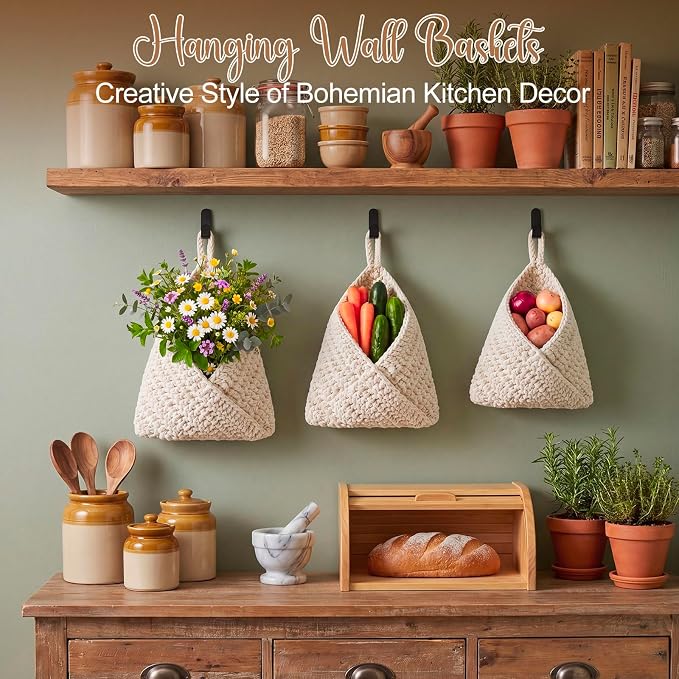 Honeydak Boho Decor Hanging Wall Baskets for Kitchen 3 Pack Teardrop Baskets with Hooks Storage Fruit Onion Vegetable Potato for Home 3 Sizes (White,Triangle,Cotton Rope)