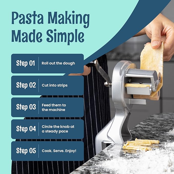 O'Creme Wooden Roller Cavatelli Pasta Maker – Original Italian Pasta Roller Machine – Non-Stick Coating Wooden Rollers Gnocchi Maker Pasta Attachment – Easy to Clean and Precision Cut