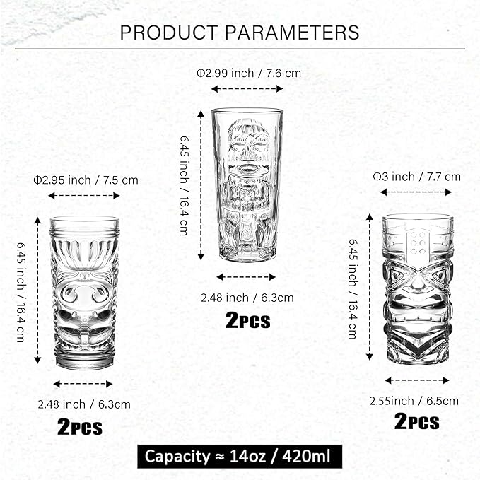 Tiki Glasses Set of 6 - 14 Oz Highball Glasses for Cocktails - Modern Clear Tropical Cups Tumbler Set - Mixed Drinking Glass for Hawaiian Bar Island Party Beverages Iced Tea