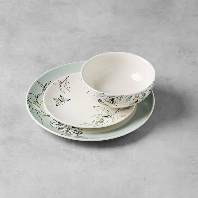 Oneida Dinnerware Set, Botanica 12-Piece Dinnerware Set, Service For 4, Porcelain Material, Dishwasher And Microwave Safe, Bowls, Plates And Bowls, Dinner Dishes, Plates, Home (Green, 12 Piece)