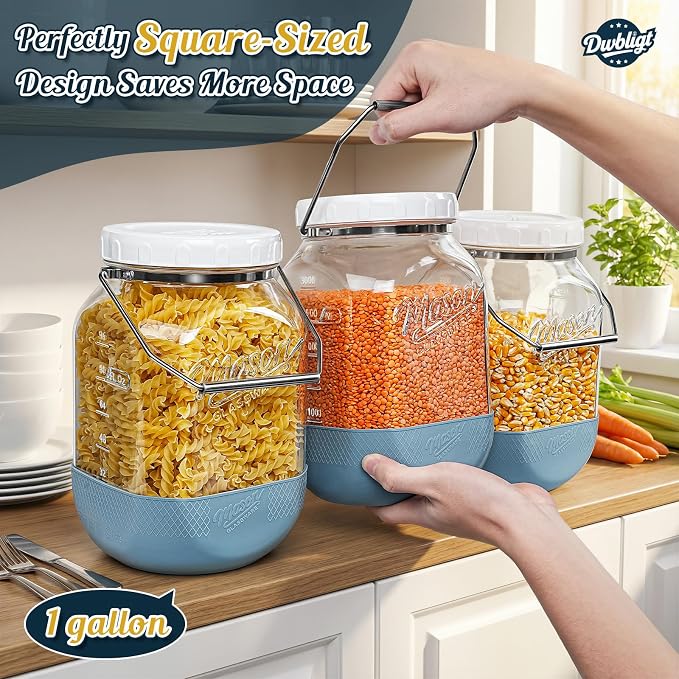 2 Pack Square Glass Containers with Airtight Lids, Wide Mouth Mason Jars, 1 Gallon Glass Jar With Handle & Non-slip Base & Scale Mark, 128 Oz Pantry Storage Canisters for Flour, Rice, Pickle