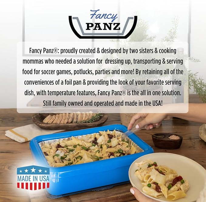 Fancy Panz Marble Premium Aluminum Foil Pan Carrier with Secure Latch Lid & Hot/Cold Gel Pack - Made in USA Reusable Casserole Carrier for Half Size Pans - Food Transport Holder for Entertaining