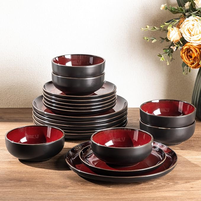 GBHOME Dinnerware Sets for 4, 12 Pieces Stoneware Plates and Bowls Sets, Scratch Resistant Ceramic Dishes, Dishwasher & Microwave Safe, Reactive Glaze-Burgundy