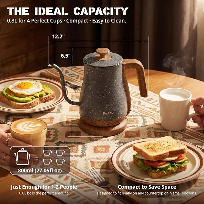 Electric Tea Kettle, Electric Kettle Stainless Steel, 1000W Tea Kettle Electric Auto Shut Off, 0.8L, Wood-like Grain Finish Handle, Ice Crackle
