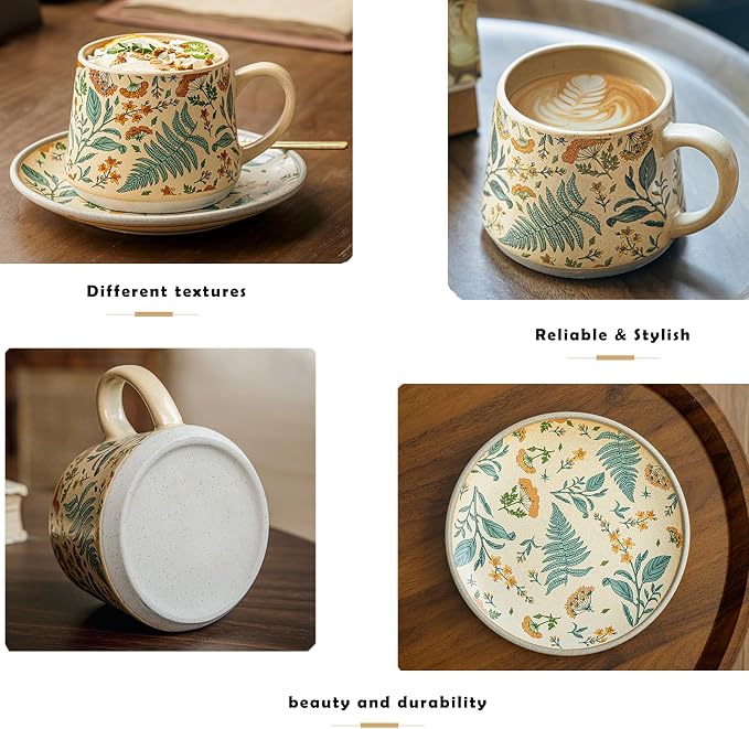 Ceramic Coffee Latte Mug and Saucer Set Cute Cup with Saucer for Women Ideal for Green Tea or Coffee Hand Painted Floral Design Pottery Set（Summer’s Whisper）