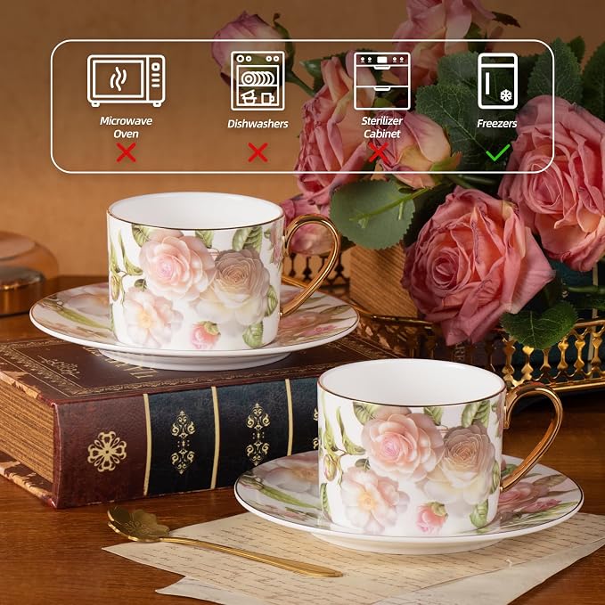 KAMMAK Tea Cups and Saucers Set of 2, Porcelain Coffee Cups, Stackable Espresso Mugs, Ceramic Demitasse for Coffee, Cappuccino, Latte, Americano, Tea, White Rose