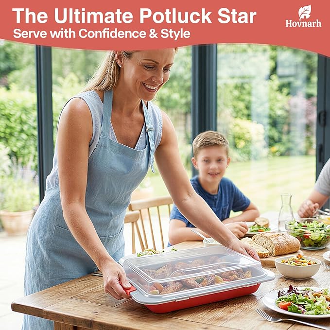 9x13 Baking Pan with Lid, Deep Nonstick Covered Cake Pan for RV & Convection Oven, Heavy Duty Warp-Resistant Pan with Silicone Handles, Snap-On Cover for Meal Prep, Storage, Transport (Coral Red)