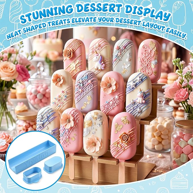 3in Cakesicle Cutter with 9in Tray, Cakesicle Mold Set with 100 Sticks, 100 Bags and 100 Ribbons, Baking Tools for Home Baking, Birthday Parties, Wedding Desserts(Blue,3.6in,Single Slot)