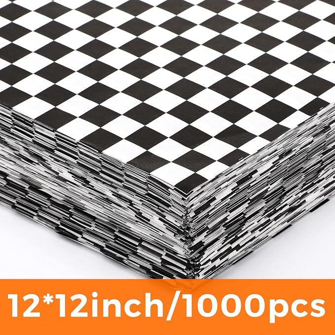 Spakon 1000 Sheets Wax Deli Paper Sheets for Food 12 x 12 Inch Checkered Dry Waxed Deli Basket Liners for Sandwich Wrapping, Food Basket Liners, Picnic party(Black-white)
