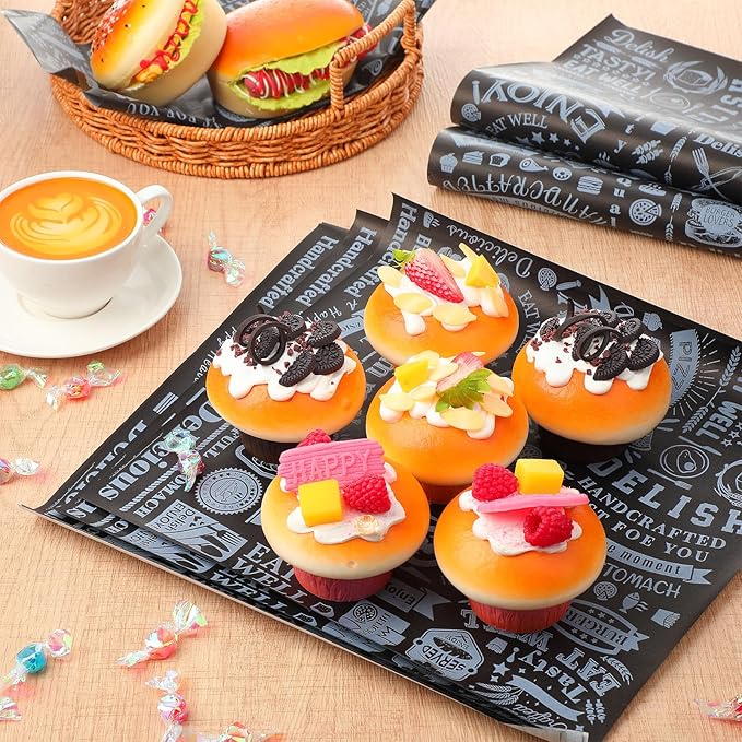 Marspark 200 Pcs Deli Wax Paper Sheets 12 x 12 Inches Square Grease Resistant Tray Basket Liners Hot Dog Wrappers Newsprint Water and Grease Proof Sandwich Wrapping Paper for Food Baking (Black White)