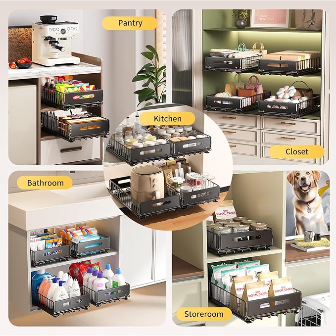 PureBox Pull Out Cabinet Organizer, Slide Out drawers for cabinets, Heavy Duty Carbon Steel Roll Out Shelves for kitchen, bathroom, pantry (14.7’’-23.1’’ Slide, Adhesive & Screw), Black (2)