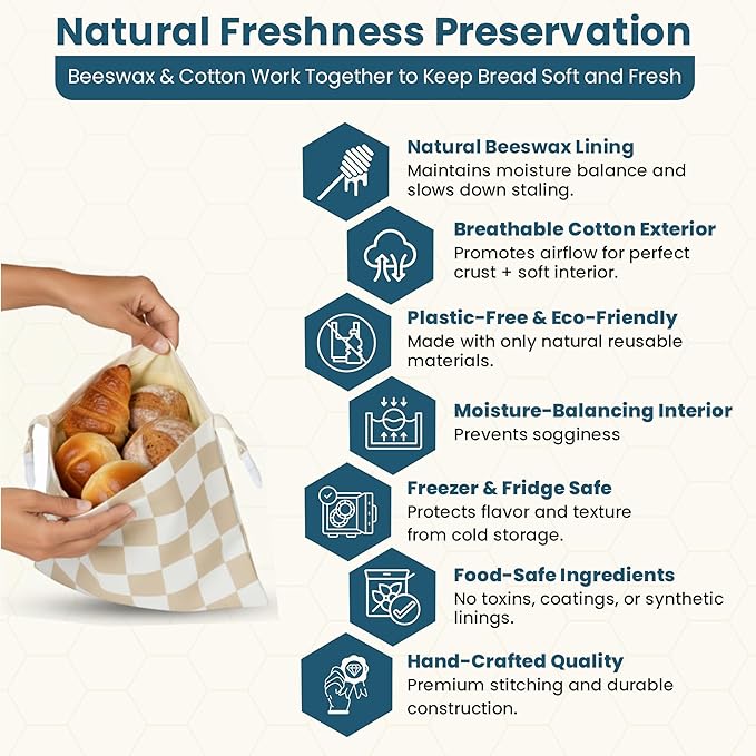 3-Pack Reusable Beeswax Bread Bags (XL, M, S) - Organic Cotton Beeswax Bread Storage Bag for Homemade Bread & Sourdough Freezer-Safe, Breathable & Freshness Support - Eco-Friendly Bread Bag