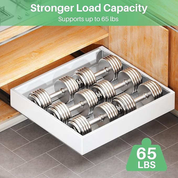 Pull out Cabinet Organizer, 21"Deep, 16.9"Wide Full-Extension Heavy Duty Slide out Drawers with Nano Adhesive, Roll Out Shelf Sliding Cabinet Storage for Kitchen, Bathroom, Pantry, Under Sink(White)