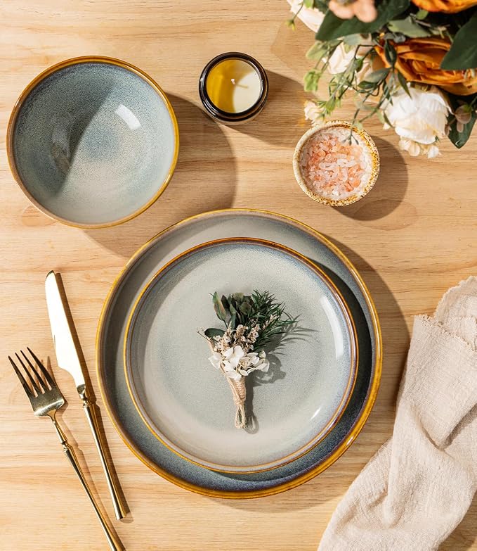 TheTerra Stoneware Dinnerware Sets for 4, 12 Pieces Ceramic Plates and Bowls Sets, Scratch Resistant Dish Set, Oven, Microwave & Dishwasher Safe, Dusk Blue