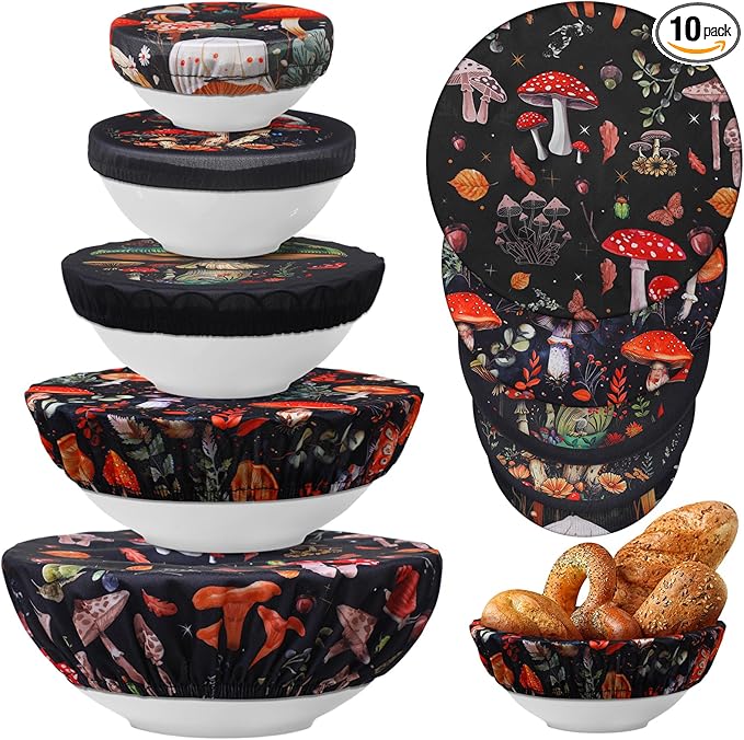 Patelai 10 Pcs Bowl Covers Reusable in 5 Size Stretch Cloth Fabric Elastic Food Storage Bowl Covers Bread Sourdough Lids for Proofing Food Fruits Leftover(Deep Color,Mushroom Style)