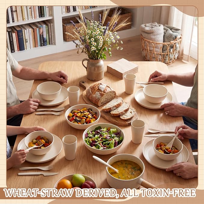 Zhehao 72 Pcs Wheat Straw Dinnerware Sets for 12 Dishwasher Microwave Safe Unbreakable Reusable Kitchen Cups, Plates, Bowls Cultery Sets for Patio, Outdoors, Rv, Camping Dishes(Beige)