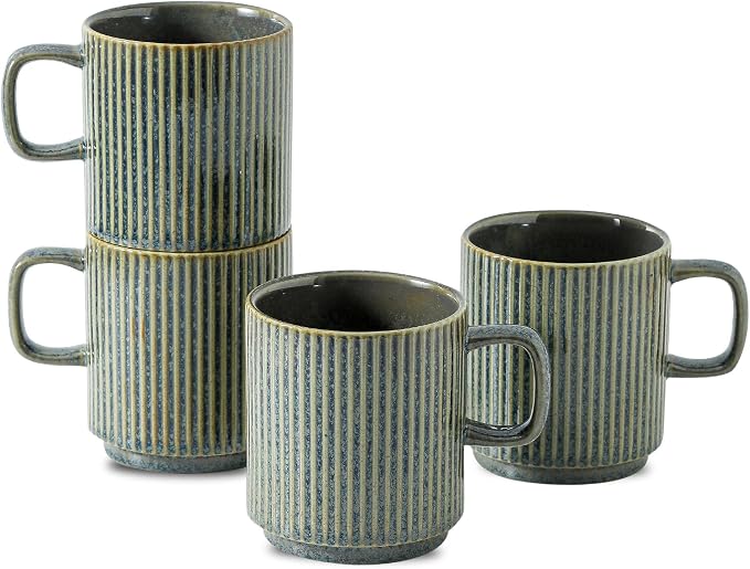 Coffee Mugs Set of 4, Ceramic Ribbed Tea Coffee Cups with Handle, Large Porcelain Mug for Americano, Latte, Cappuccino, Hot Chocolate, Green