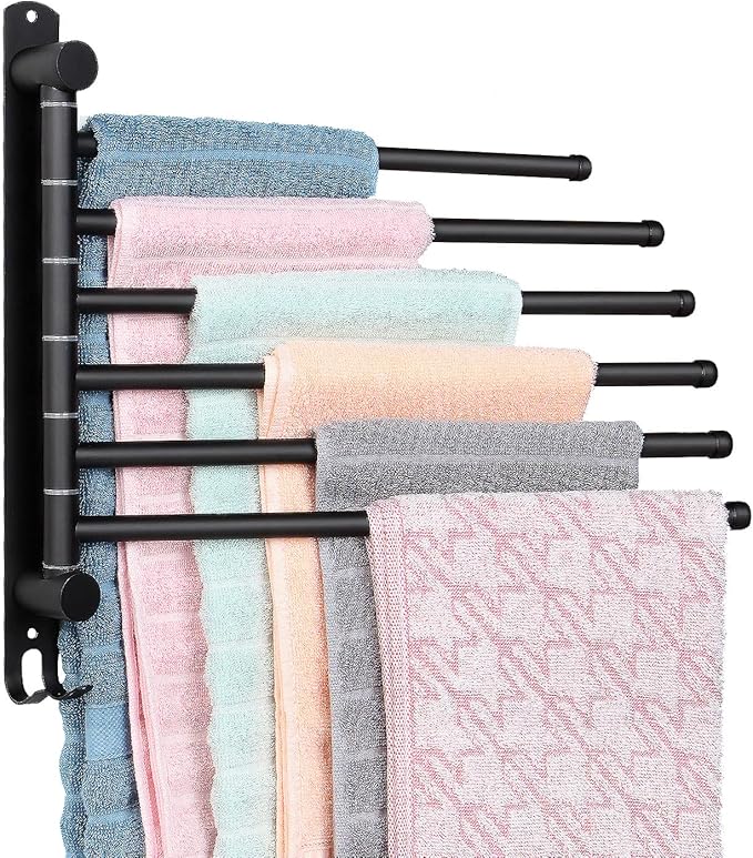 6-Arm Swivel Towel Rack - 180° Rotating Wall Mounted - 304 Stainless Steel Rustproof - Heavy Duty Space Saving for Bathroom Kitchen Laundry Room (Matte Black)