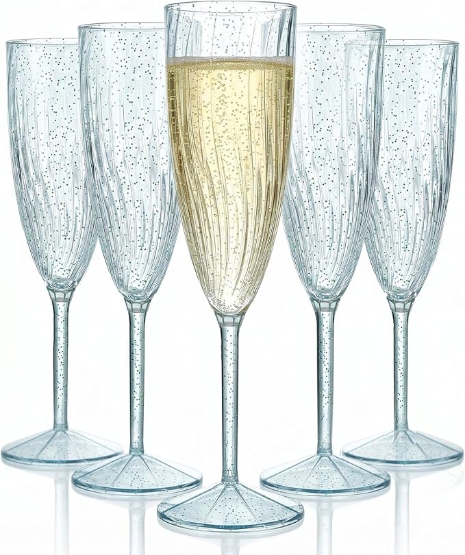 WDF 36PCS Blue Plastic Champagne Flutes - 6OZ Blue Glitter Champagne flutes - Party Supplies for Wedding/Birthday/Baby Shower/Housewarming/Pool party