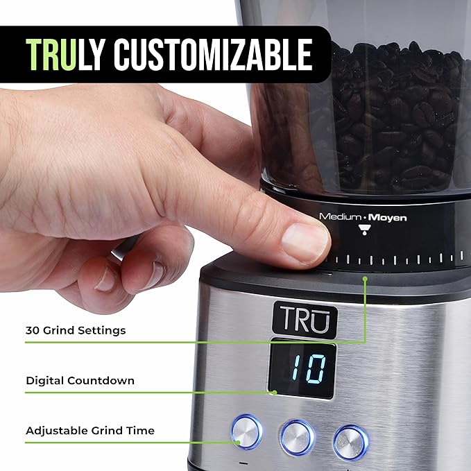 TRU Conical Burr Grinder - Precision Coffee Bean Grinder with 30 Grind Settings - Adjustable Grind Time & Digital Countdown - 9 oz Bean Hopper for Espresso & Drip Coffee