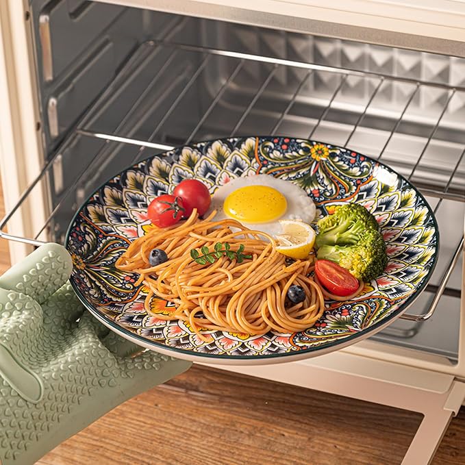 12-Piece Bohemian Floral Ceramic Dinnerware Set, Vibrant Mandala Floral Plates Bowls, Decorative Plates & Bowls, Microwave & Dishwasher Safe for Kitchen