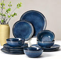 Plates and Bowls Sets 12 Pieces, Blue Reactive Glaze Dinnerware Set | Ceylon Blue Reactive Glaze Stoneware Dishes Service for 4, Handmade Dinnerware Scratch Resistant, Dishwasher Microwave Safe