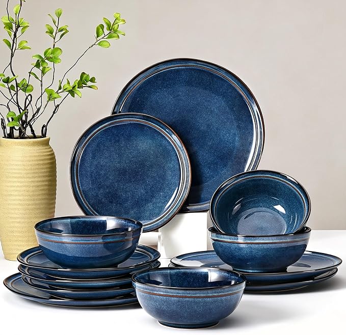 Plates and Bowls Sets 12 Pieces, Blue Reactive Glaze Dinnerware Set | Ceylon Blue Reactive Glaze Stoneware Dishes Service for 4, Handmade Dinnerware Scratch Resistant, Dishwasher Microwave Safe
