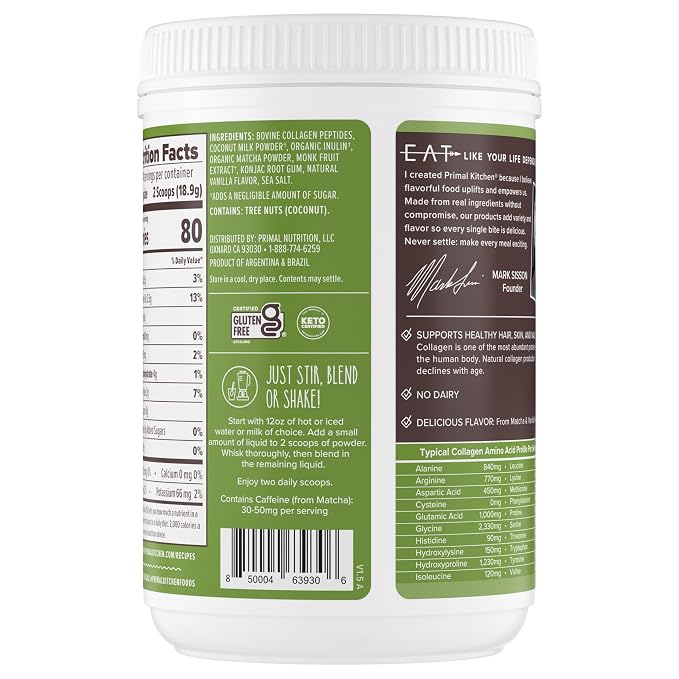Primal Kitchen Matcha Collagen Keto Latte Powder, Sugar-Free Collagen Peptides, 9.33 Ounces