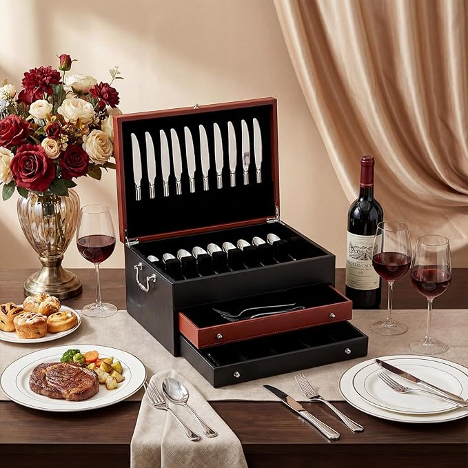 DoubleFill 3 Layer Leather Silverware Storage Box with Lid and Handles, Anti Tarnish Silverware Storage Chest Case with Felt-lined for 12-16 or More Sets of Utensils Flatware Gifts, 15.3x11.2x9 Inch