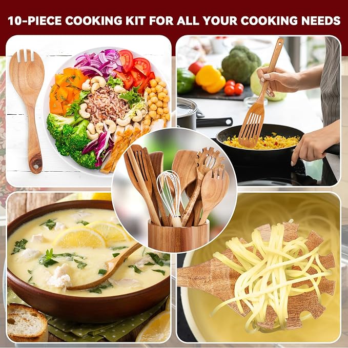 SiliFine 11 Pcs Wooden Kitchen Utensils Set with 360° Straight Rotating Holder Acacia Wood Cooking Utensils with Cooking Spoons Spatulas Nonstick Cookware Countertop Kitchen Decorations(Natural)
