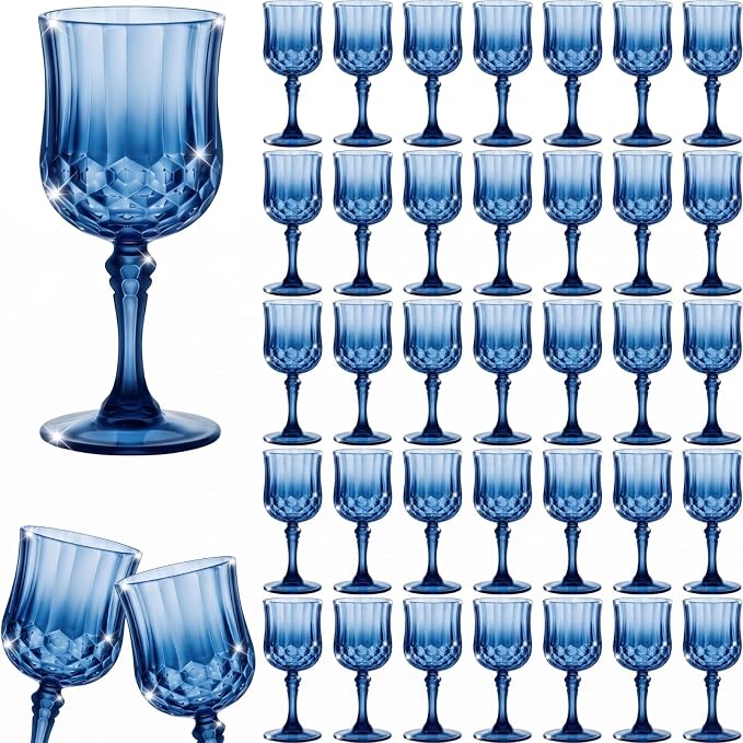 Pinkunn 50 Pcs 7 oz Plastic Vintage Wine Glasses Reusable Colored Goblets Patterned Drinking Water Glasses Cup Dishwasher Safe for Mother's Day Wedding Reception Party Supplies (Dark Blue)