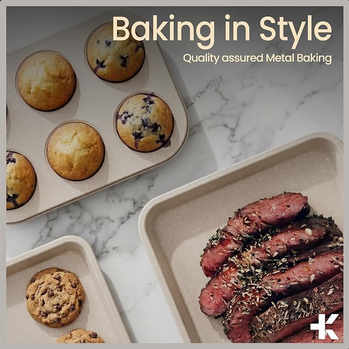 BAKKEN Nonstick Carbon Steel Bakeware Set - 6 Piece Kitchen Baking Trays, Non Toxic Stackable Oven Pans Bundle with Cookie Sheets, 6 Cup Muffin, Roaster, Square Cake, and Loaf Pan for Bread