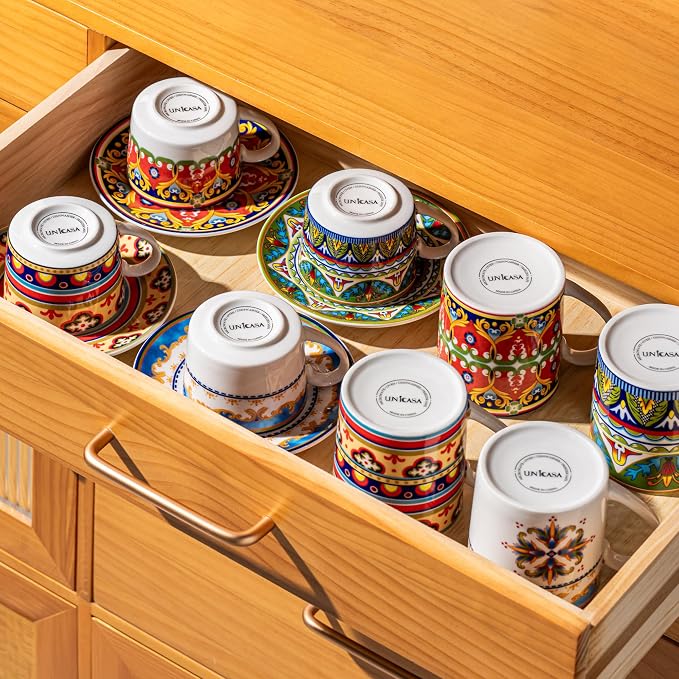 UNICASA Ceramic Coffee Mug Set of 4, 10 oz Colorful Cups with Handle, Boho Style for Latte, Cappuccino, Cocoa, Microwave & Dishwasher Safe