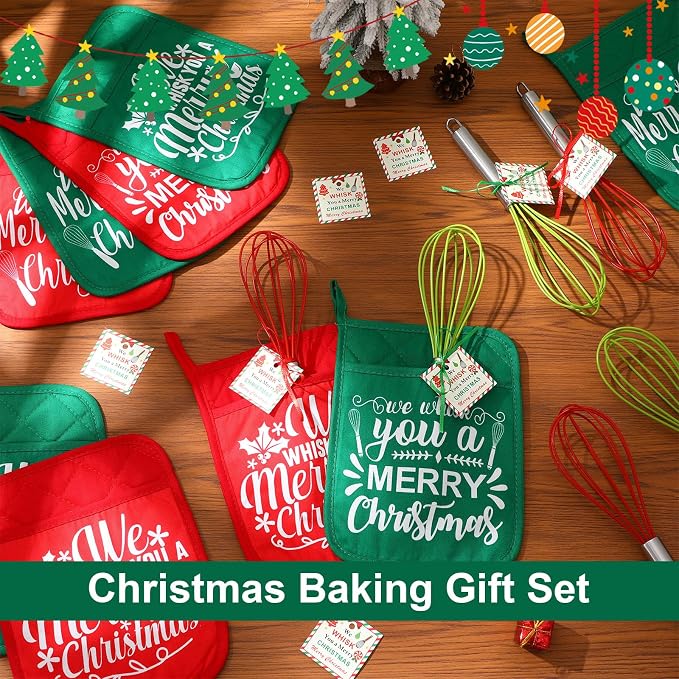 LemonRoad 12 Sets Christmas Whisk Baking Gift Set Xmas Silicone Whisks Oven Mitt Pot Holder Greeting Cards Ribbon Bags for Holiday Kitchen Utensils Cooking Supplies Neighbor Gift(Classic,Red, Green)