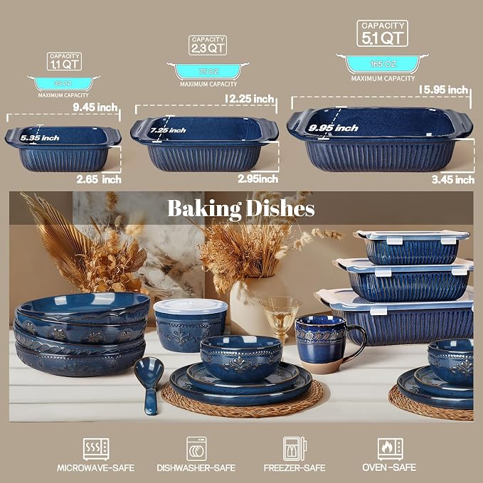 Artena Casserole Dishes For Oven, Ceramic Baking Dish, Large Lasagna Pan With Handles, Baking Pan Casserole Dish, Rectangular Bakeware Deep, Set Of 3 (5.1Qt/2.3Qt/1.1Qt) (Blue)