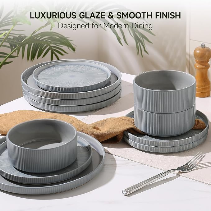 Dinnerware Sets, Ceramic Plates and Bowls Set 18 Piece Dinnerware for 6 Chip Resistant Stoneware with Advanced Inkjet Printing Technology, Dishwasher and Microwave Safe-Smoky Blue