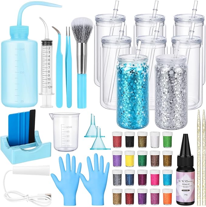 Meanplan 8 Pack DIY Plastic Snow Globe Tumbler Supply Kit 16oz Pre Drilled Double Wall Cup 20 Colors Glitter Squeeze Bottle Funnel Tweezer Syringe Cradle Measuring Cup Flashlight Buffer Glove (Blue)