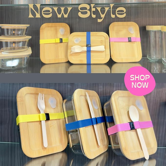 Glass Food Storage Containers with Bamboo Lids, Airtight Containers, Non Toxic Food Storage, Eco Friendly Fridge Storage Containers Includes Elastic Bands and Utensils (4 Count)