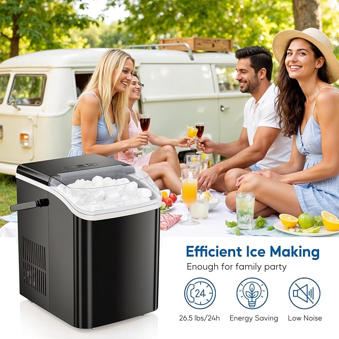 Simple Deluxe Portable Countertop Ice Maker Machine, Makes 9 Bullet Ice Cubes in 6 Minutes, 26.5Lbs Daily Output, Self-Cleaning with Scoop, Basket & Handle for Office, Party & Kitchen, Black
