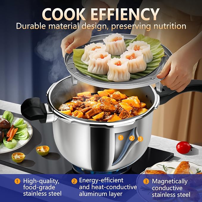 4.22QT Heavy-Duty Stainless Steel Pressure Cooker | Commercial Grade, Explosion-Proof Safety System, Even Heat Base | Professional Small Pressure Pot for Home Kitchen