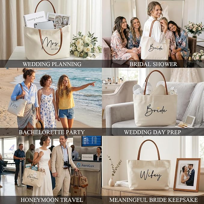 Bride Tote Bag, Embroidered Canvas Wedding Essential Tote, Bridal Shower Engagement Bachelorette Beach Bag