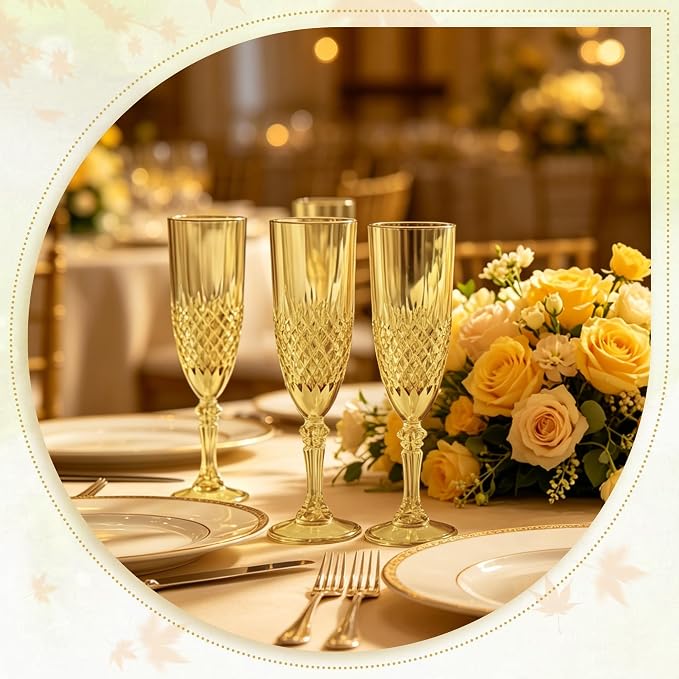 Plastic Champagne Flutes, Champagne Glasses Bulk, Reusable Unbreakable Acrylic Wine Glasses Goblets for Weddings Bachelor Parties Toasting Bridal Shower (24, Gold)
