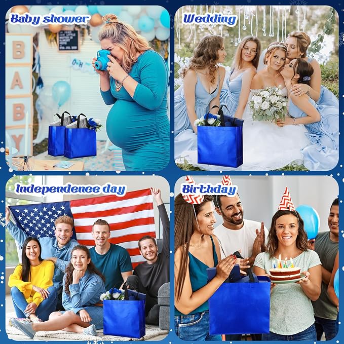 Eccliy Reusable Gift Bags Set Glossy Grocery Gift Tote Bag with Handle for Wedding, Bridal Shower, 4th of July, Summer Event(12 x 11 x 4.7 I Inch,Blue,80 Pcs)