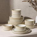 GBHOME 18-Piece Stoneware Dinnerware Set for 6 – Ribbed Ceramic Plates and Bowls, Scratch-Resistant, Microwave & Dishwasher Safe, Reactive Glaze, Oatmeal Veil