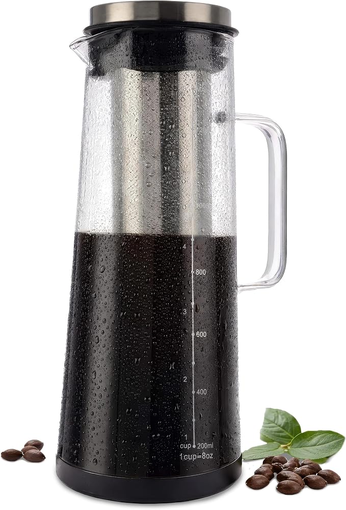 Cold Brew Coffee Maker Pitcher - 1.4L/48oz Glass Carafe with Lid and Spout and Removable Stainless Steel Filter - Cold Brew Maker and Iced Tea Pitcher for Fridge by Classic Cuisine