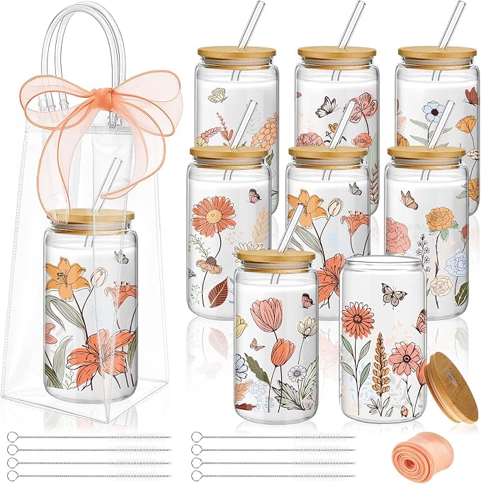 Mumufy 8 Sets Vintage Flower Glass Cups with Clear Gift Bag 16 oz Reusable Colorful Iced Coffee Mugs Aesthetic Cute Tumbler with Lids and Straws, Gifts for Girls Women Bridesmaid